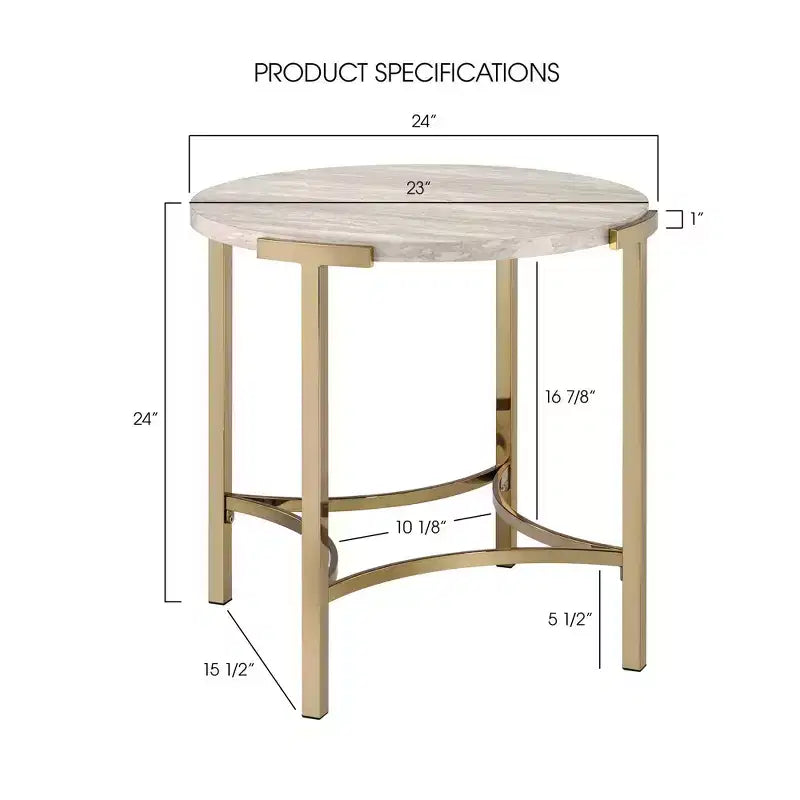 Table d'appoint ronde moderne – Pieds or champagne et plateau imitation marbre, 61x61 cm