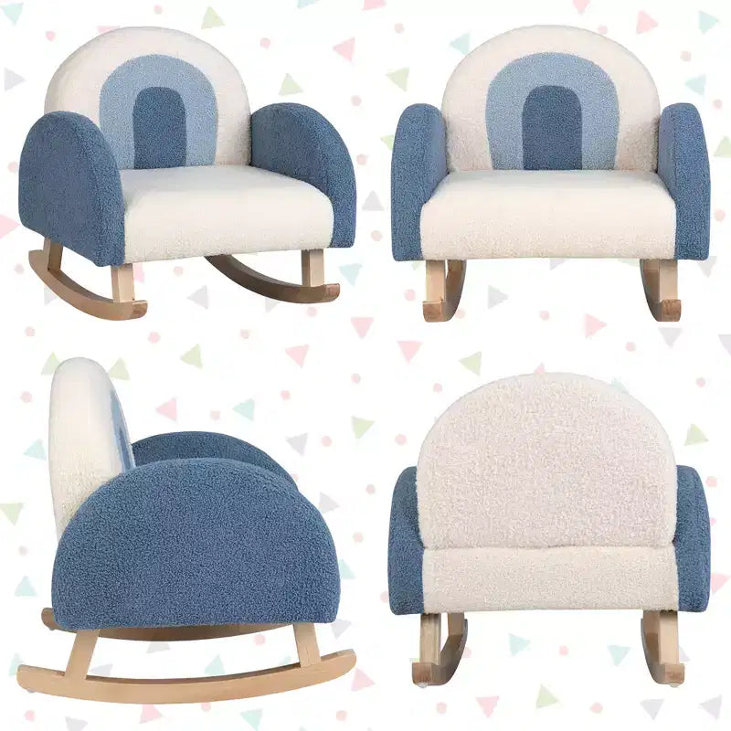 Fauteuil à bascule pour enfants en velours avec pieds en bois massif – Ergonomique, capacité de 50 kg, bleu/rouge