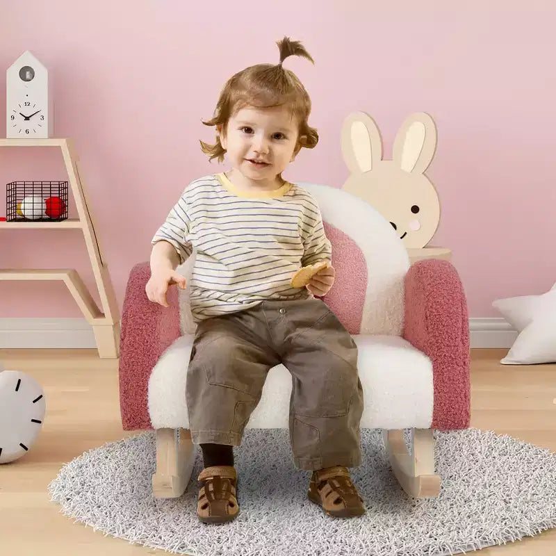 Fauteuil à bascule pour enfants en velours avec pieds en bois massif – Ergonomique, capacité de 50 kg, bleu/rouge
