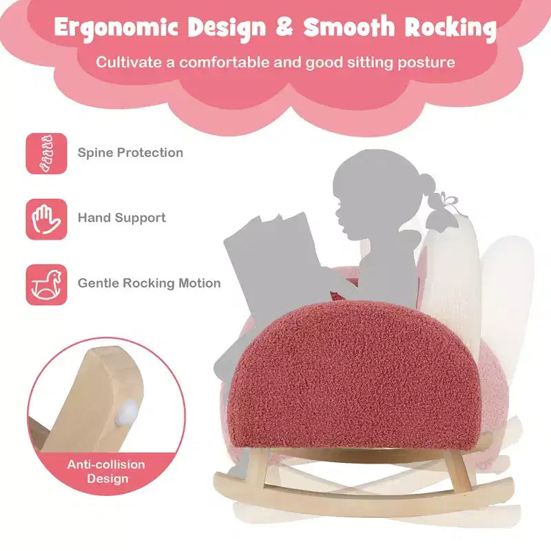 Fauteuil à bascule pour enfants en velours avec pieds en bois massif – Ergonomique, capacité de 50 kg, bleu/rouge