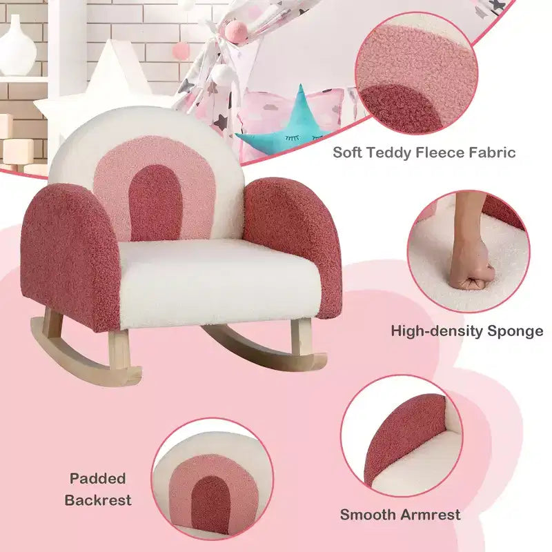 Fauteuil à bascule pour enfants en velours avec pieds en bois massif – Ergonomique, capacité de 50 kg, bleu/rouge