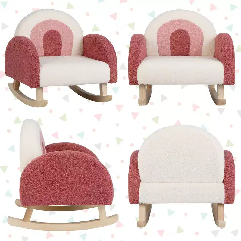 Fauteuil à bascule pour enfants en velours avec pieds en bois massif – Ergonomique, capacité de 50 kg, bleu/rouge