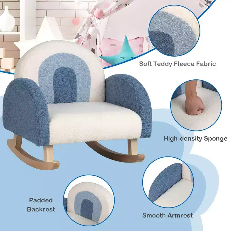 Fauteuil à bascule pour enfants en velours avec pieds en bois massif – Ergonomique, capacité de 50 kg, bleu/rouge