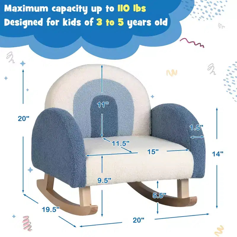Fauteuil à bascule pour enfants en velours avec pieds en bois massif – Ergonomique, capacité de 50 kg, bleu/rouge
