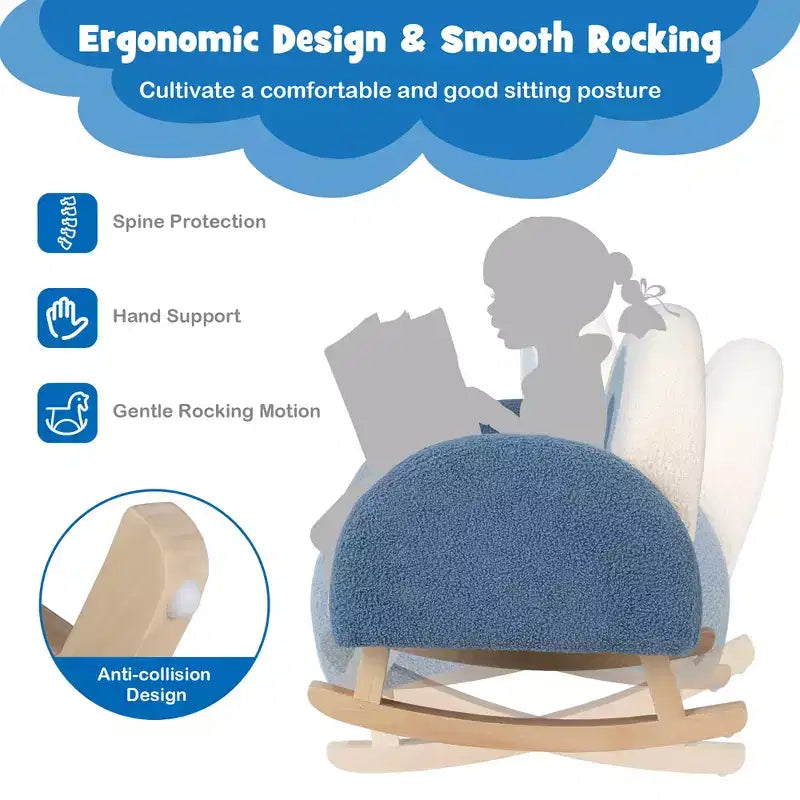 Fauteuil à bascule pour enfants en velours avec pieds en bois massif – Ergonomique, capacité de 50 kg, bleu/rouge