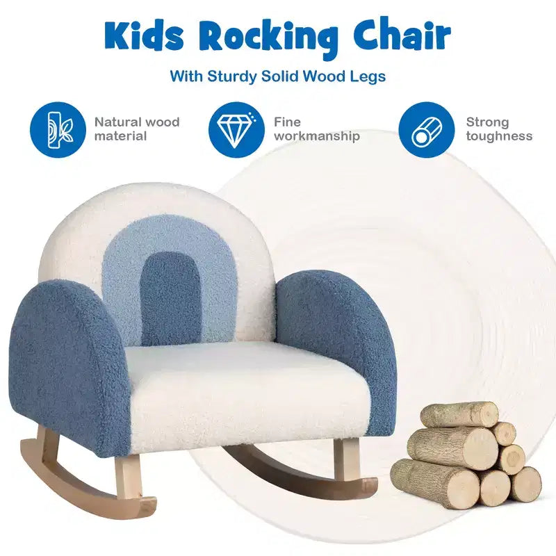 Fauteuil à bascule pour enfants en velours avec pieds en bois massif – Ergonomique, capacité de 50 kg, bleu/rouge