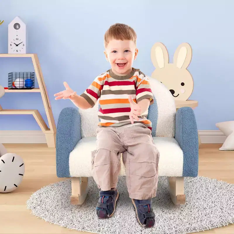 Fauteuil à bascule pour enfants en velours avec pieds en bois massif – Ergonomique, capacité de 50 kg, bleu/rouge