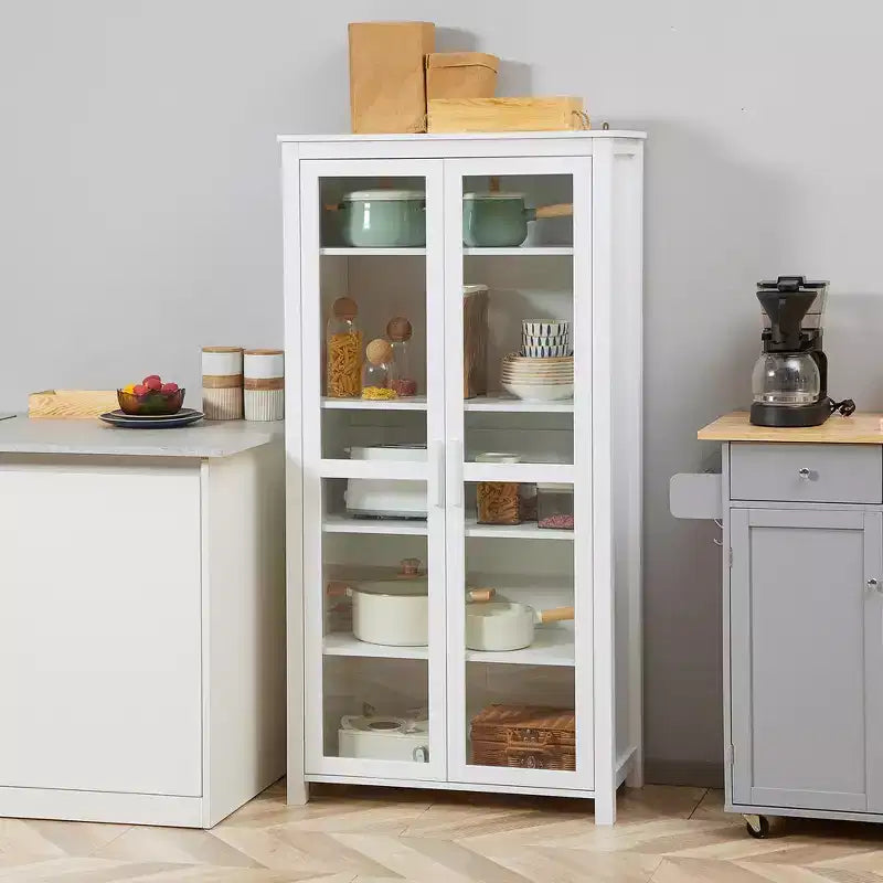 Armoire de cuisine autoportante – 5 niveaux, 2 portes vitrées, étagères réglables, blanche
