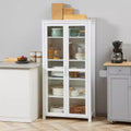 Armoire de cuisine autoportante – 5 niveaux, 2 portes vitrées, étagères réglables, blanche