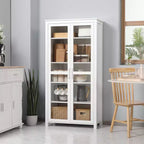 Armoire de cuisine autoportante – 5 niveaux, 2 portes vitrées, étagères réglables, blanche
