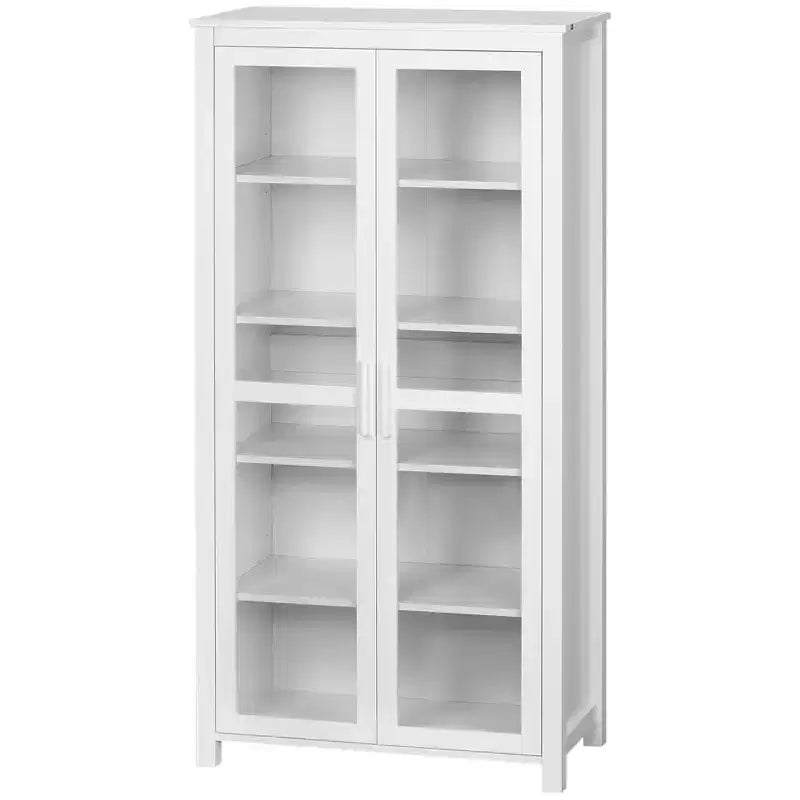 Armoire de cuisine autoportante – 5 niveaux, 2 portes vitrées, étagères réglables, blanche
