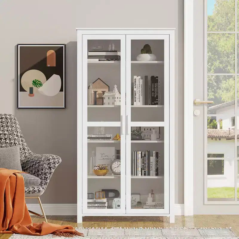 Armoire de cuisine autoportante – 5 niveaux, 2 portes vitrées, étagères réglables, blanche