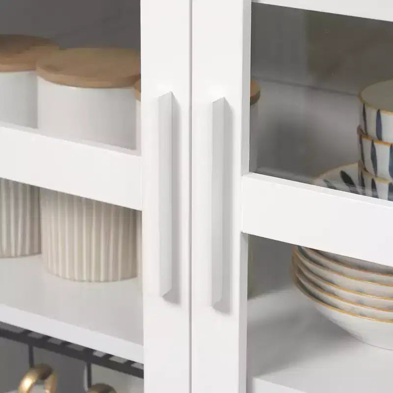 Armoire de cuisine autoportante – 5 niveaux, 2 portes vitrées, étagères réglables, blanche