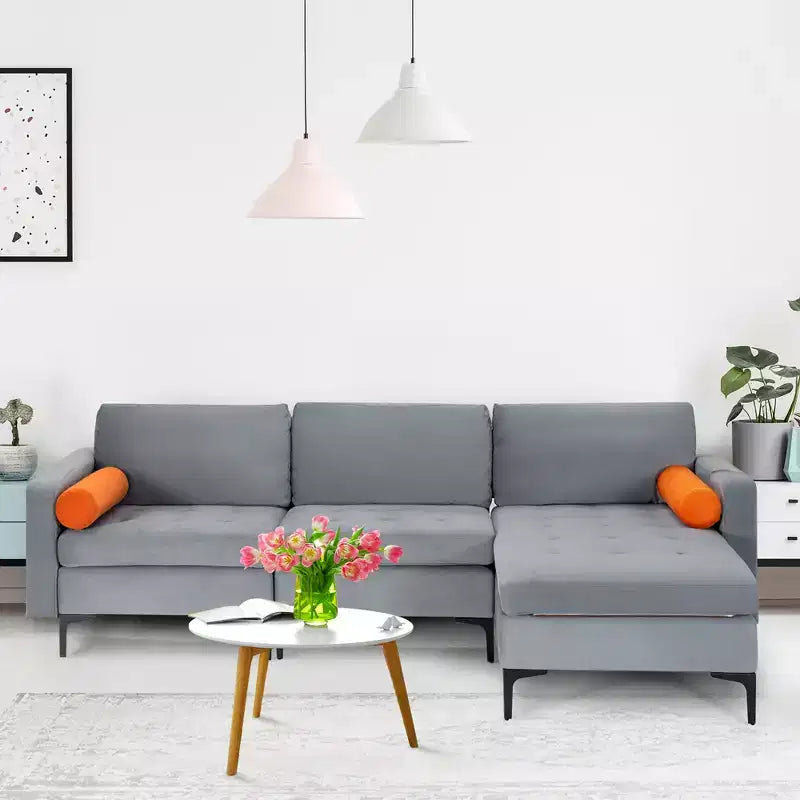 Canapé d'angle modulable en L avec méridienne réversible et 2 ports USB Gris cendré