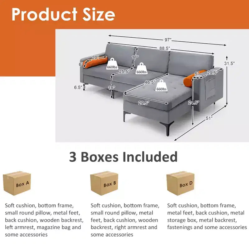 Canapé d'angle modulable en L avec méridienne réversible et 2 ports USB Gris cendré