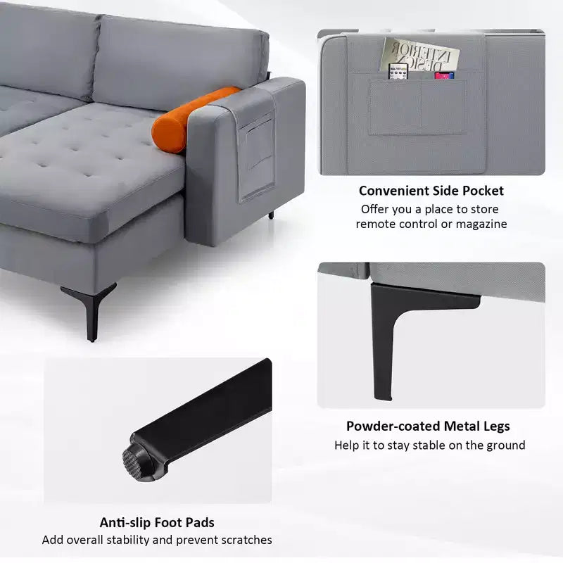 Canapé d'angle modulable en L avec méridienne réversible et 2 ports USB Gris cendré