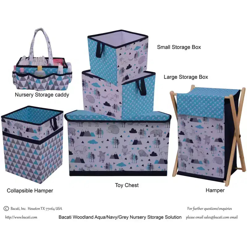 Panier à linge pour garçons avec cadre en bois – Aqua/Marine/Gris, 16x15.5x26.5 po