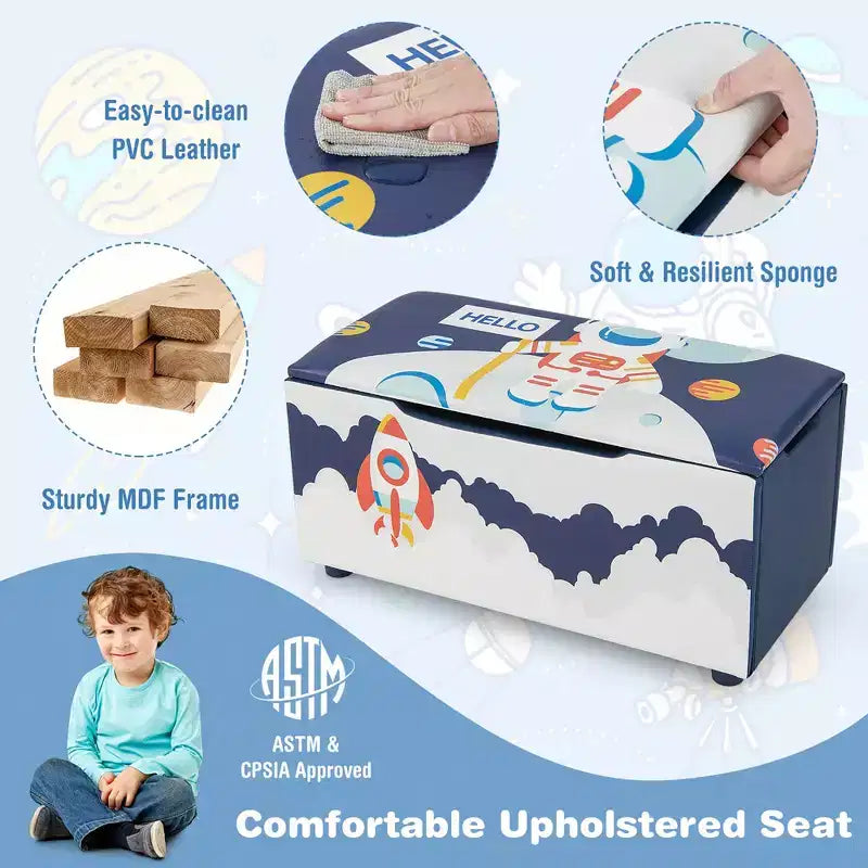Banc coffre de rangement capitonné pour enfants – Coffre à jouets et repose-pieds polyvalent avec couvercle