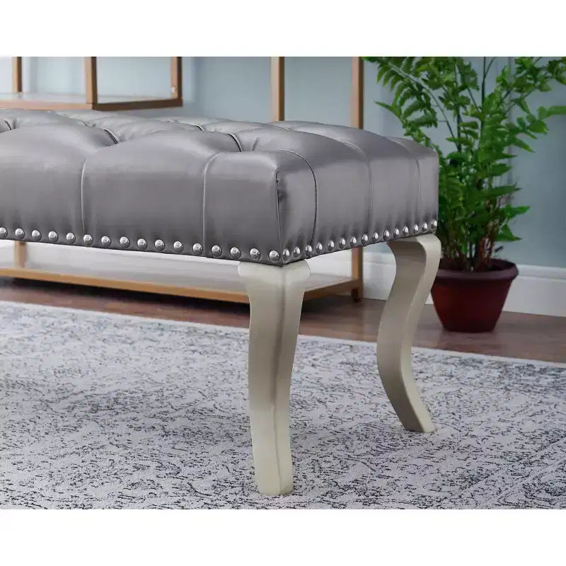 Banc ottoman touffeté en similicuir – Champagne, Clous décoratifs, Cadre en bois dur, 48 po