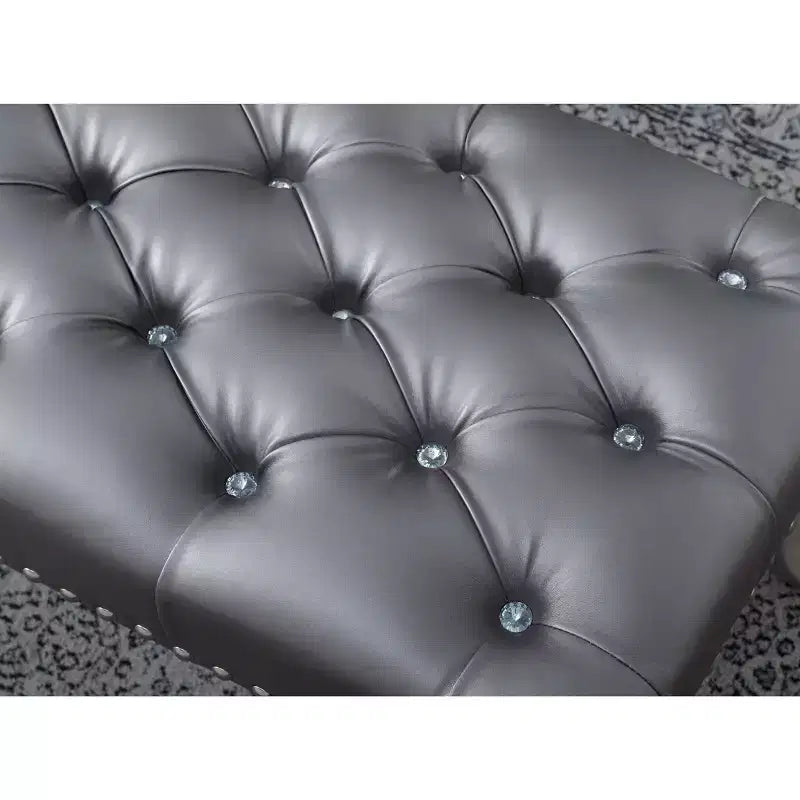 Banc ottoman touffeté en similicuir – Champagne, Clous décoratifs, Cadre en bois dur, 48 po
