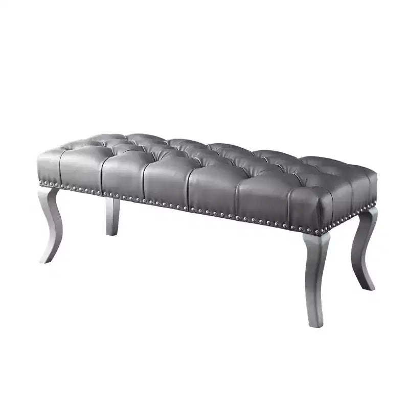 Banc ottoman touffeté en similicuir – Champagne, Clous décoratifs, Cadre en bois dur, 48 po