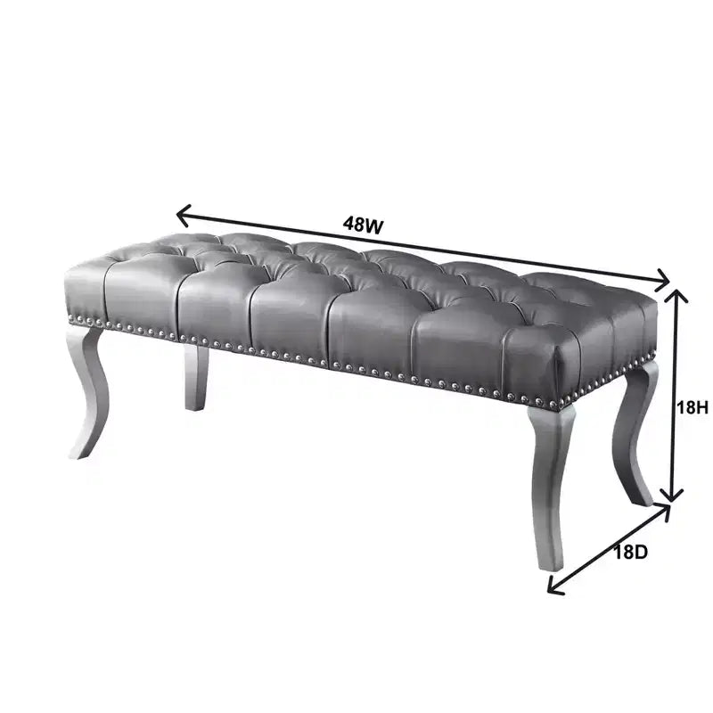 Banc ottoman touffeté en similicuir – Champagne, Clous décoratifs, Cadre en bois dur, 48 po